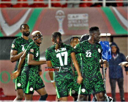 Super Eagles players celebrate during AFCON 2025 Group C match against Tanzania